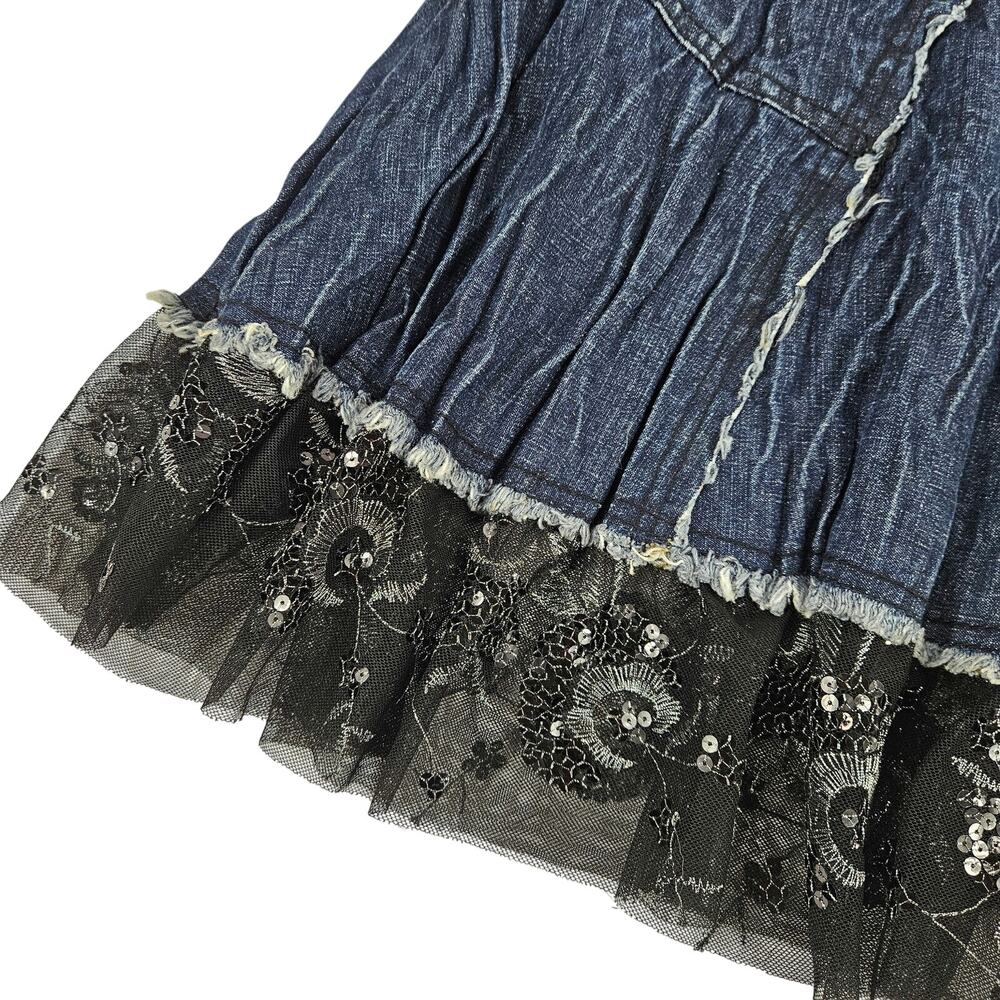 Grunge Fairy Y2K Skirt Tiered Denim w/ Sequin Lace Ruffle Hem - Size Small - Picture 3 of 6